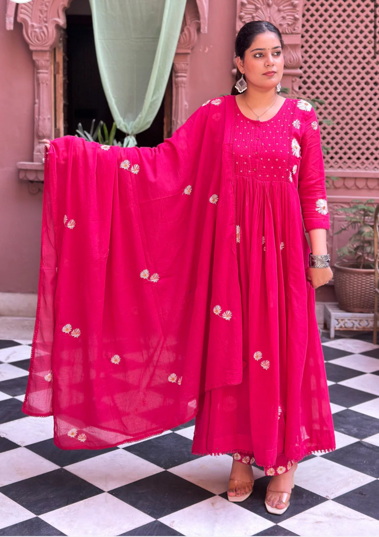 Pink floral mul cotton kurti set