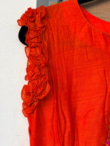 Orange Narayanpet frock with thread work on yoke