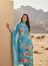 Blue semi tussar 3 pc kurti set with gold leggings