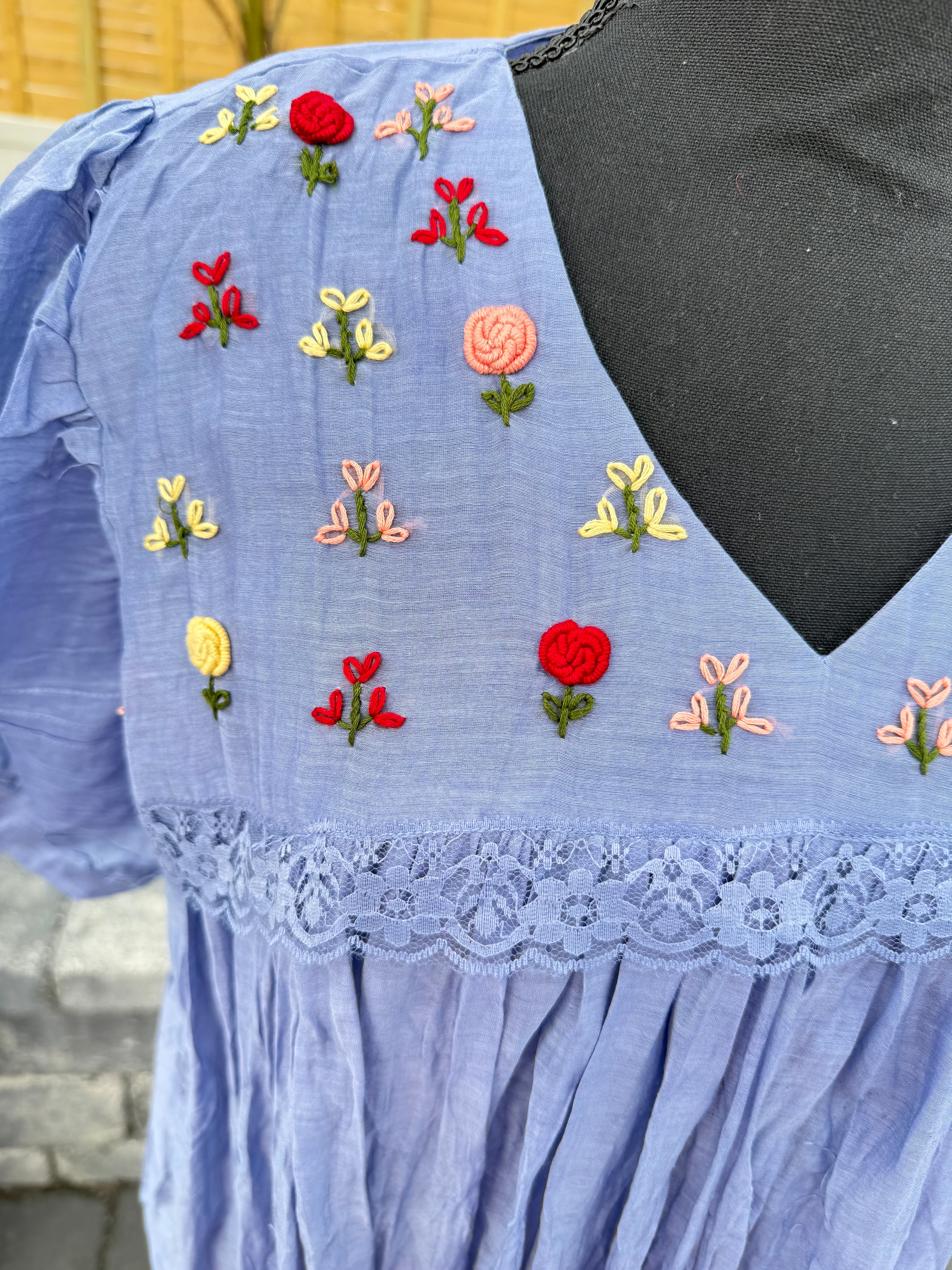 Cornflower blue mul chanderi frock with knot work