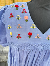 Cornflower blue mul chanderi frock with knot work