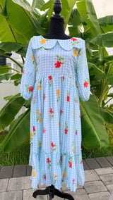 Ice blue- Gingham checks mul chanderi frock