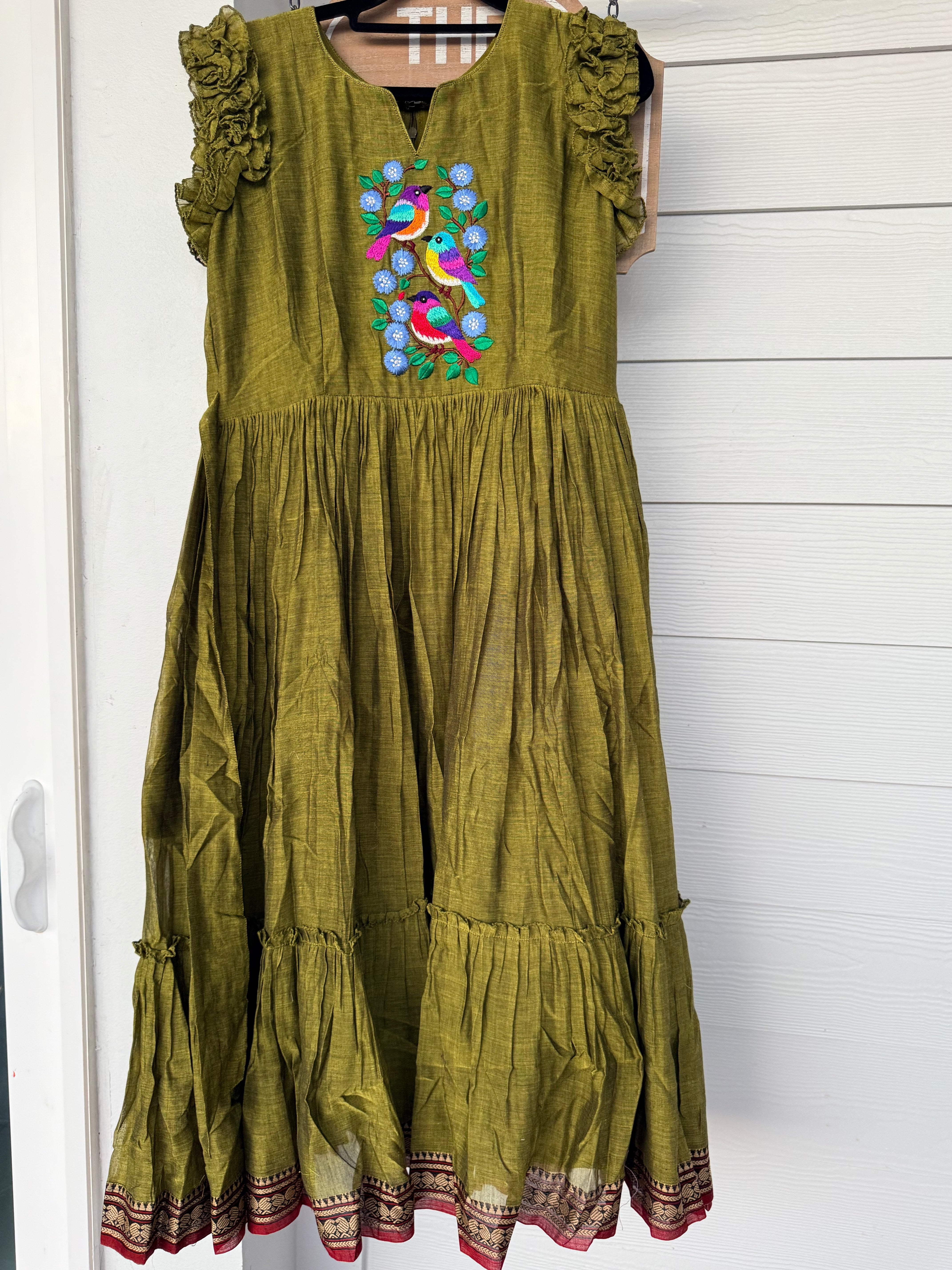 Olive green narayanpet frock with thread work