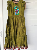 Olive green narayanpet frock with thread work