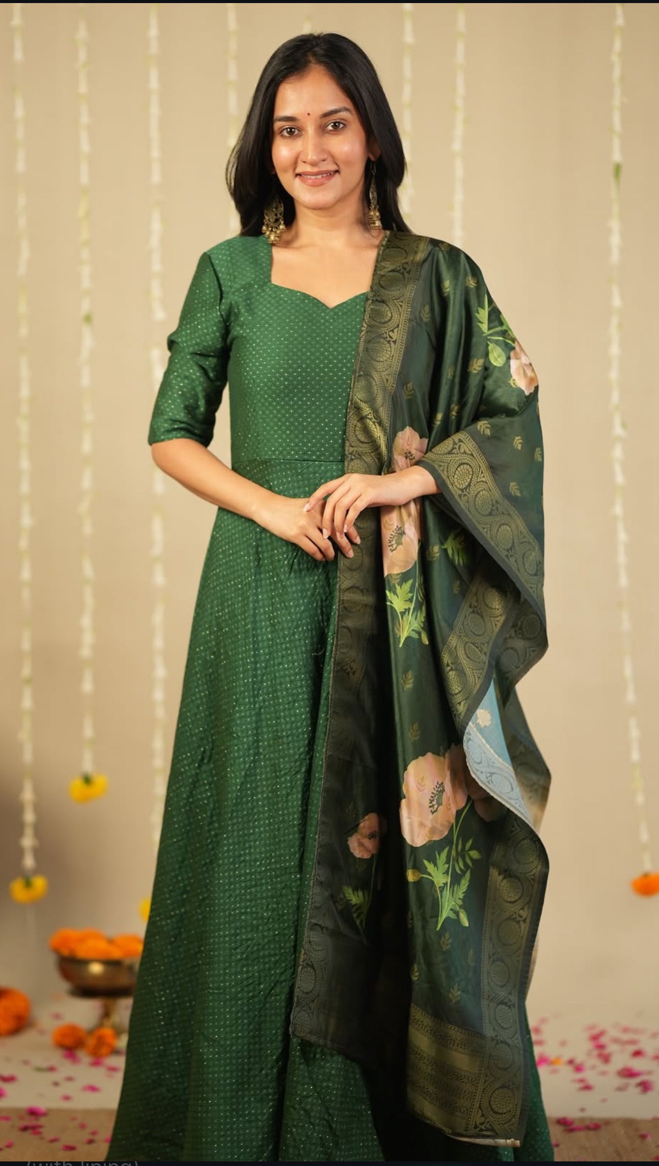 Green sequins silk dress paired with printed floral dupatta
