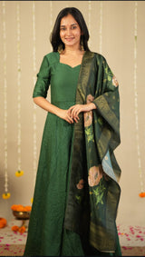 Green sequins silk dress paired with printed floral dupatta