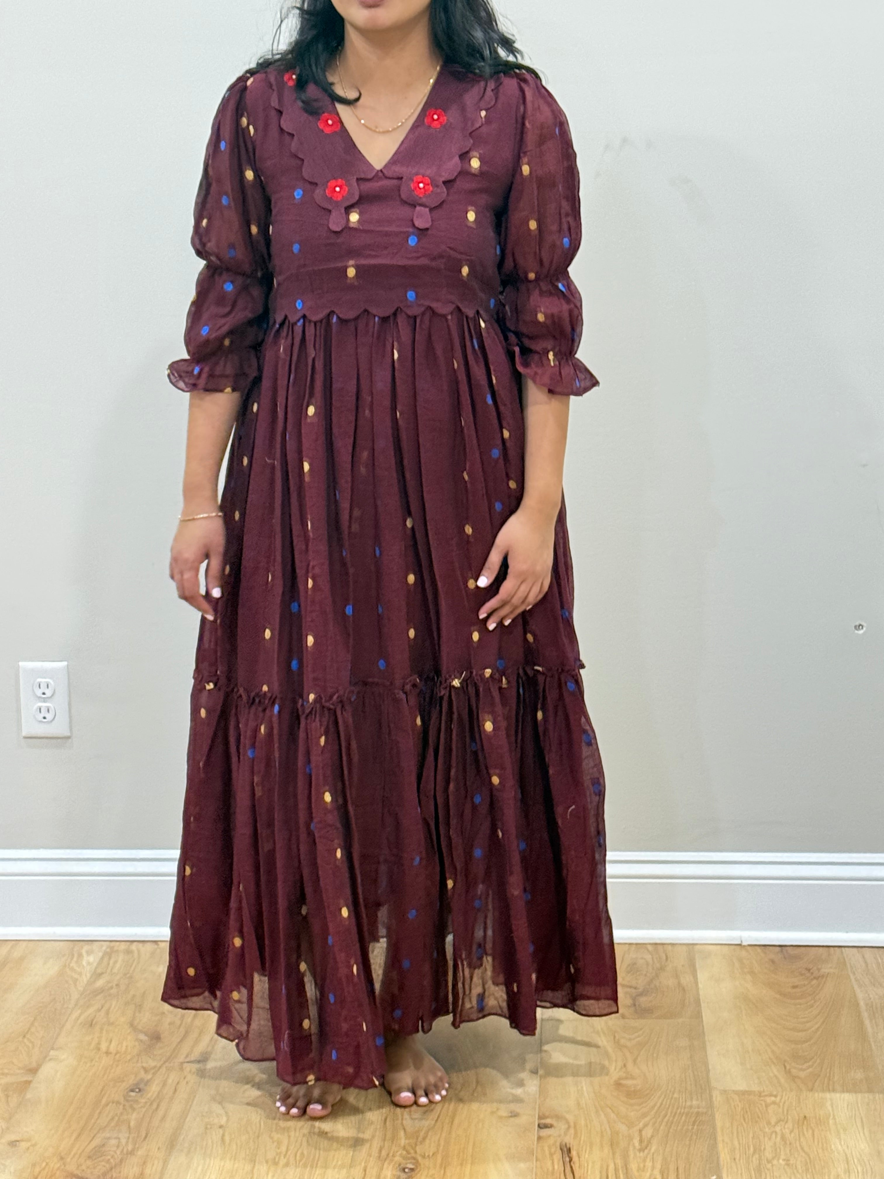 Tiered handloom jamdani dress in brown