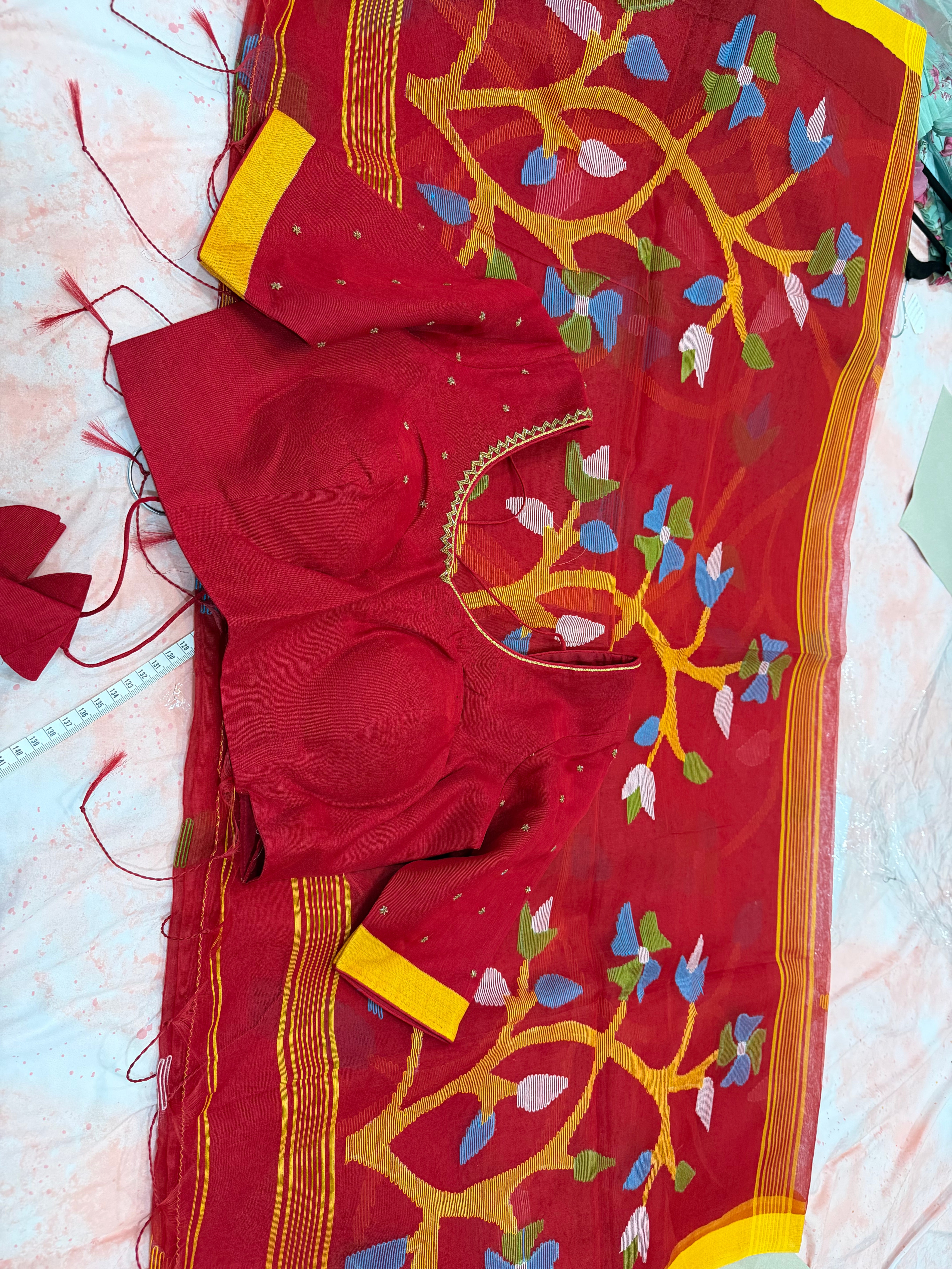 Kora muslin Jamdani overall saree with maggam blouse