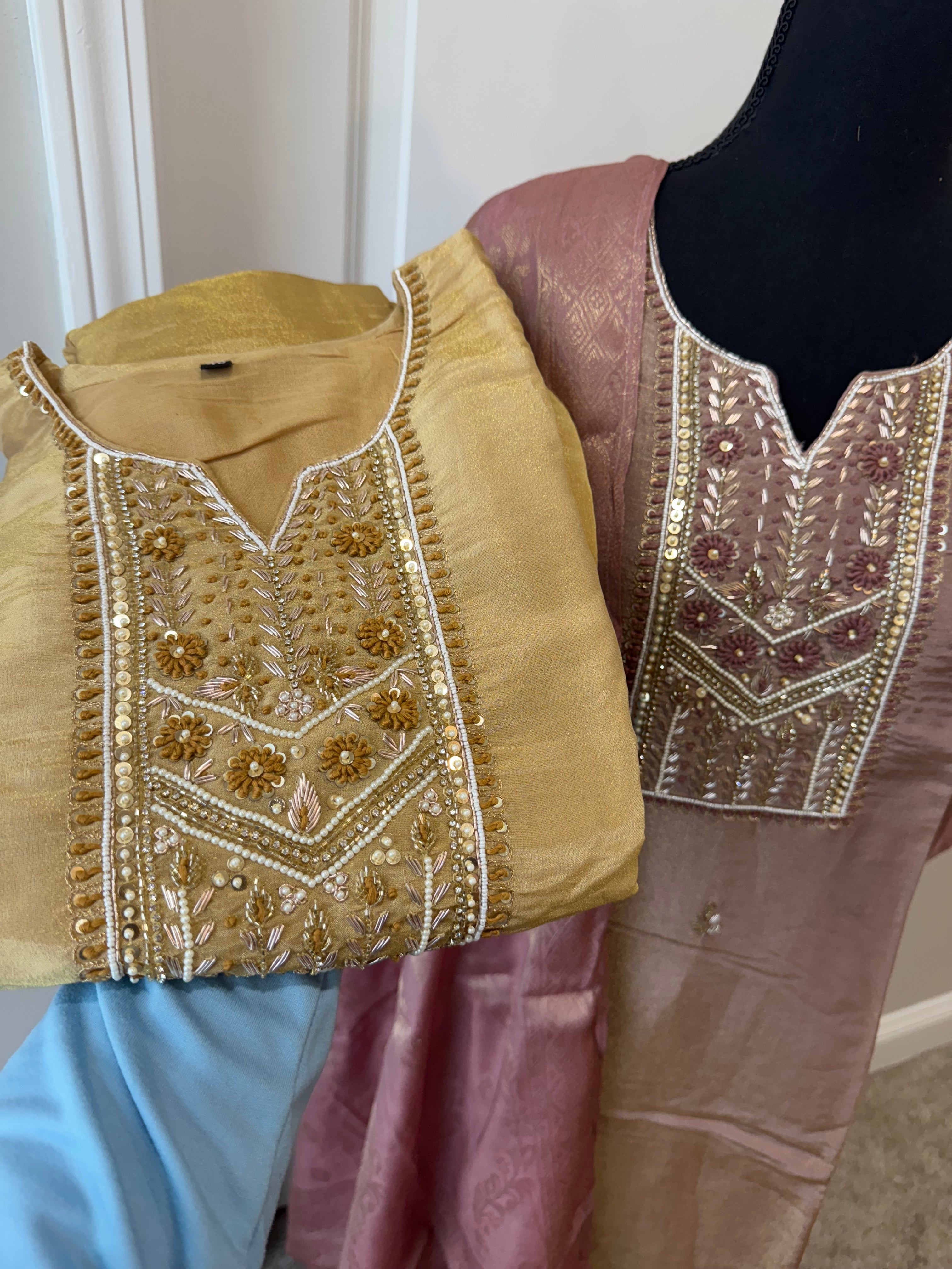 Gold Tissue silk kurti set with hand work