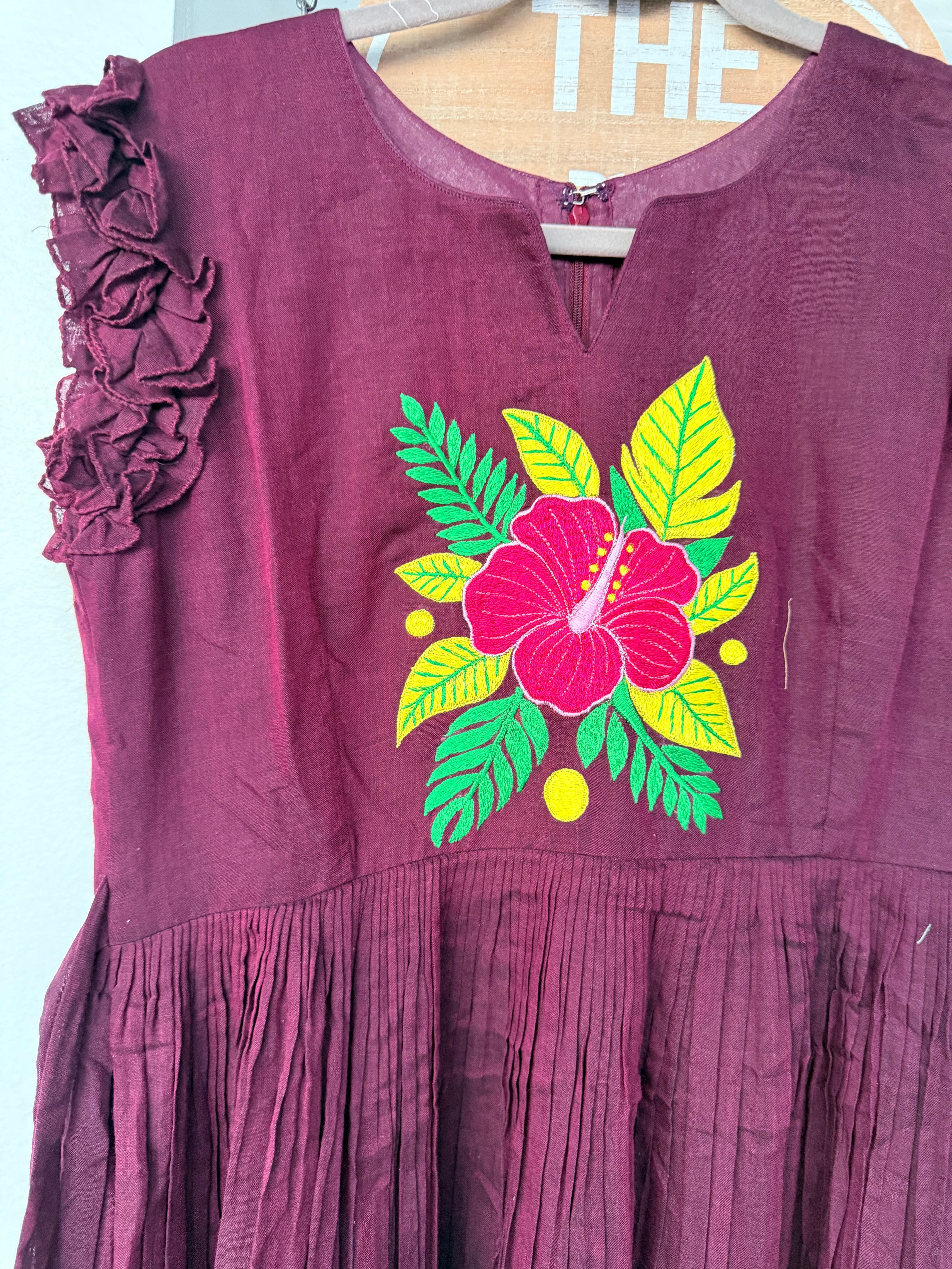 Wine color narayanpet frock with floral thread work