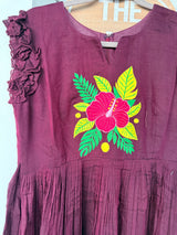 Wine color narayanpet frock with floral thread work