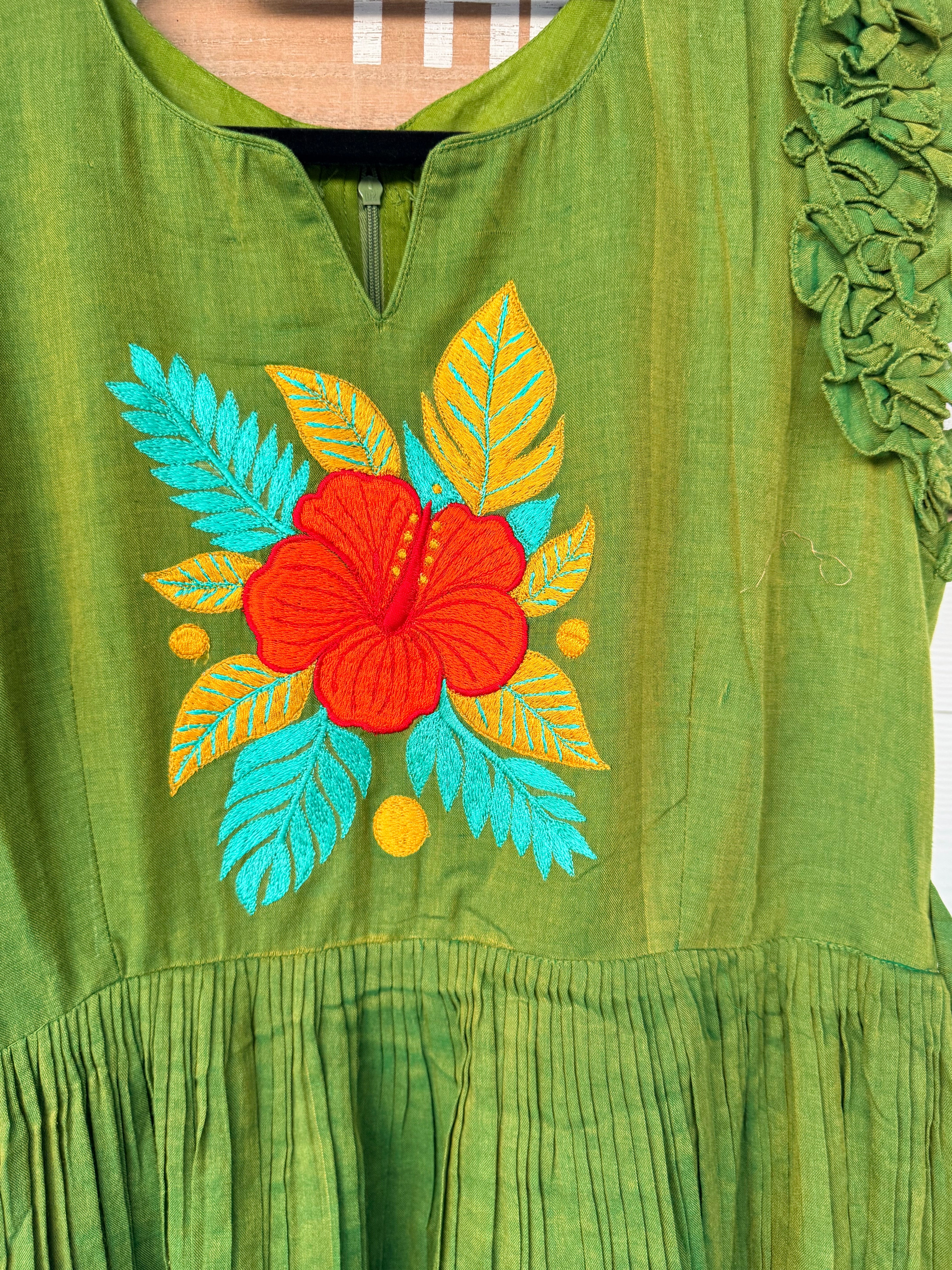 Mehendi Green Narayanpet frock with thread work