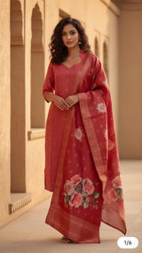 Rust orange Raw silk kurti set