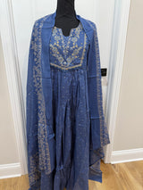 Blue mul cotton kurti set with handwork on yoke