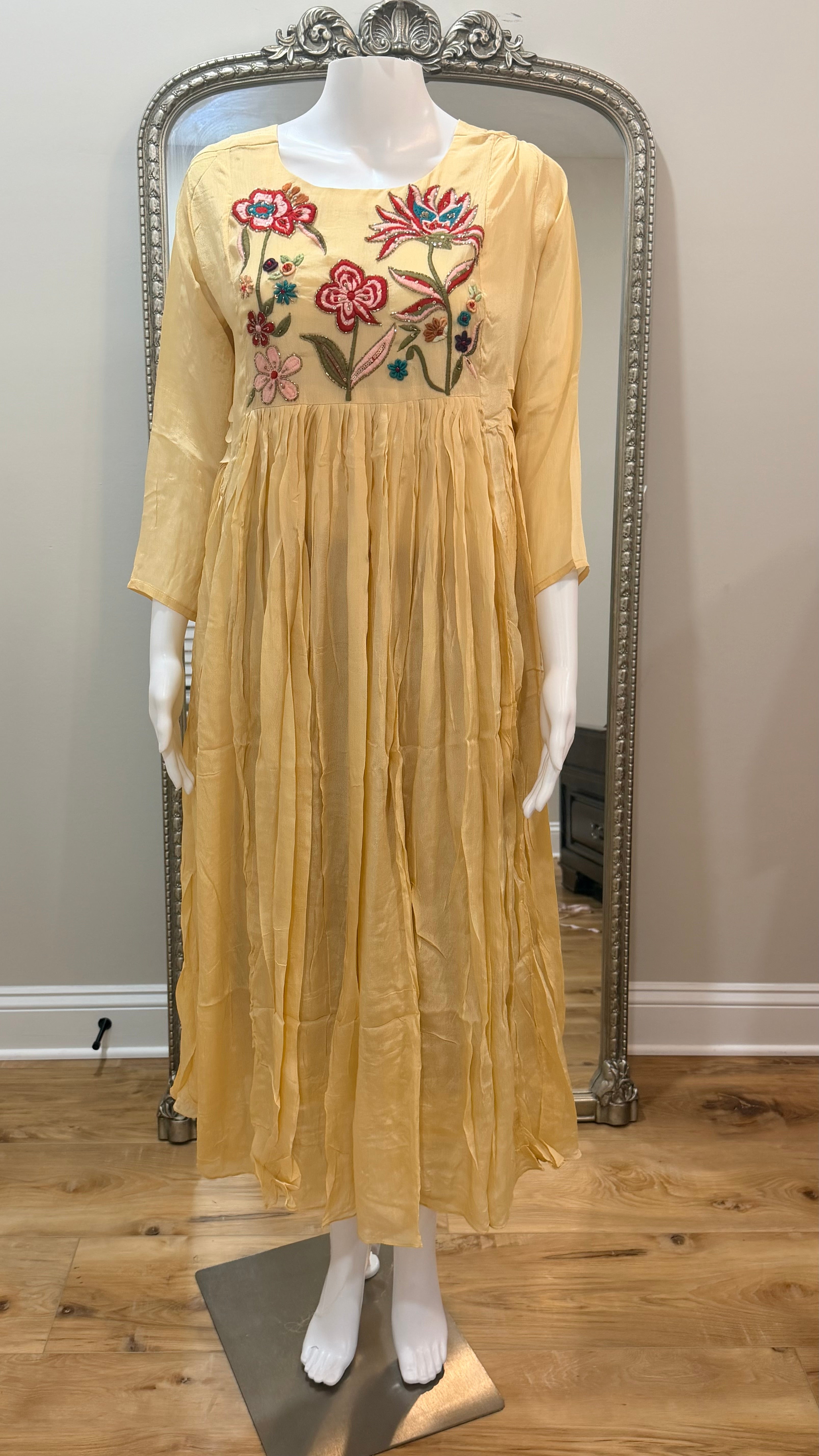 Cream floral party wear chinnon dress