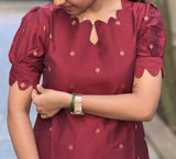 Maroon color raw silk co ord set with gold buttis
