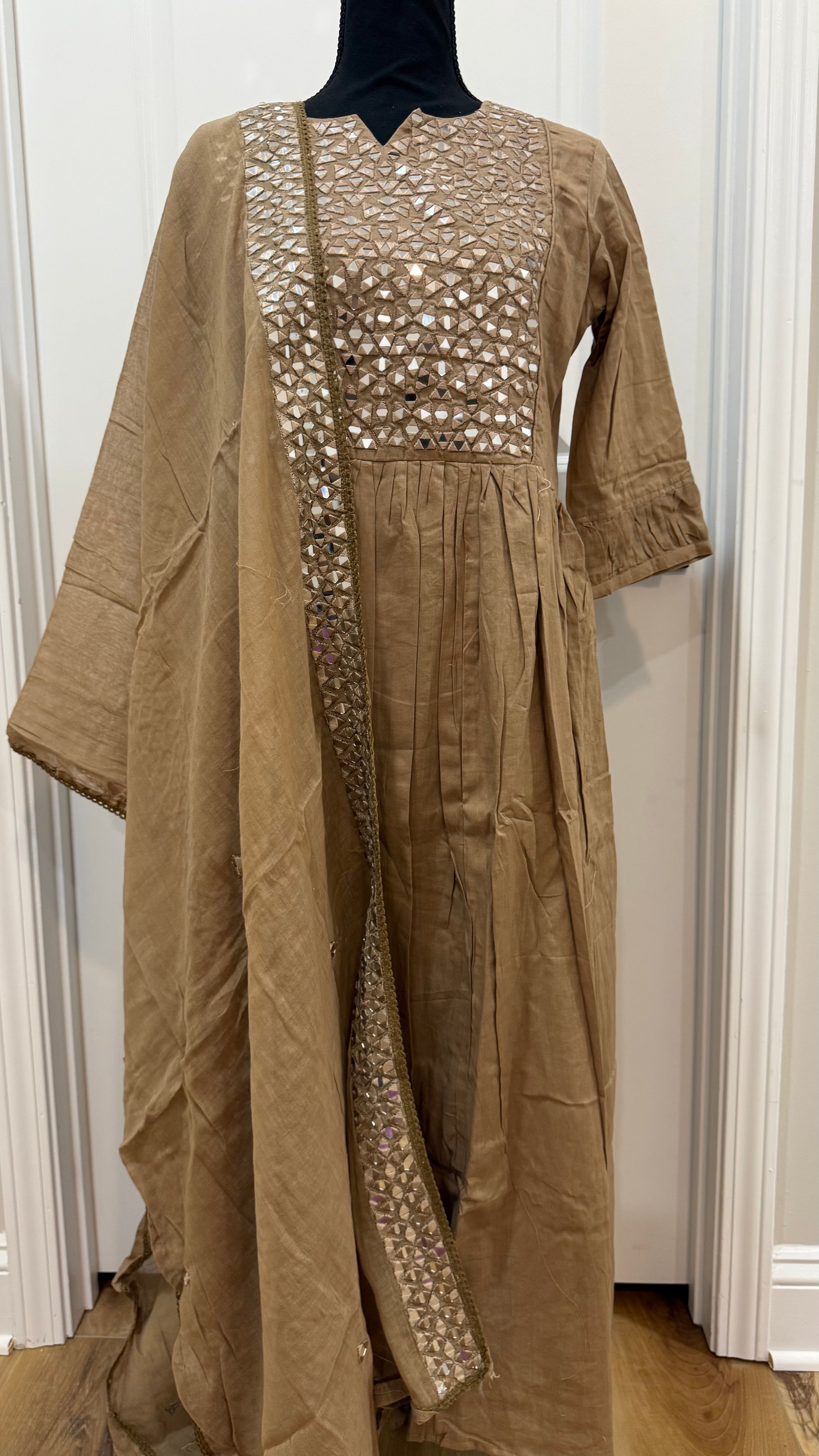 Brown mul cotton set with real mirror work