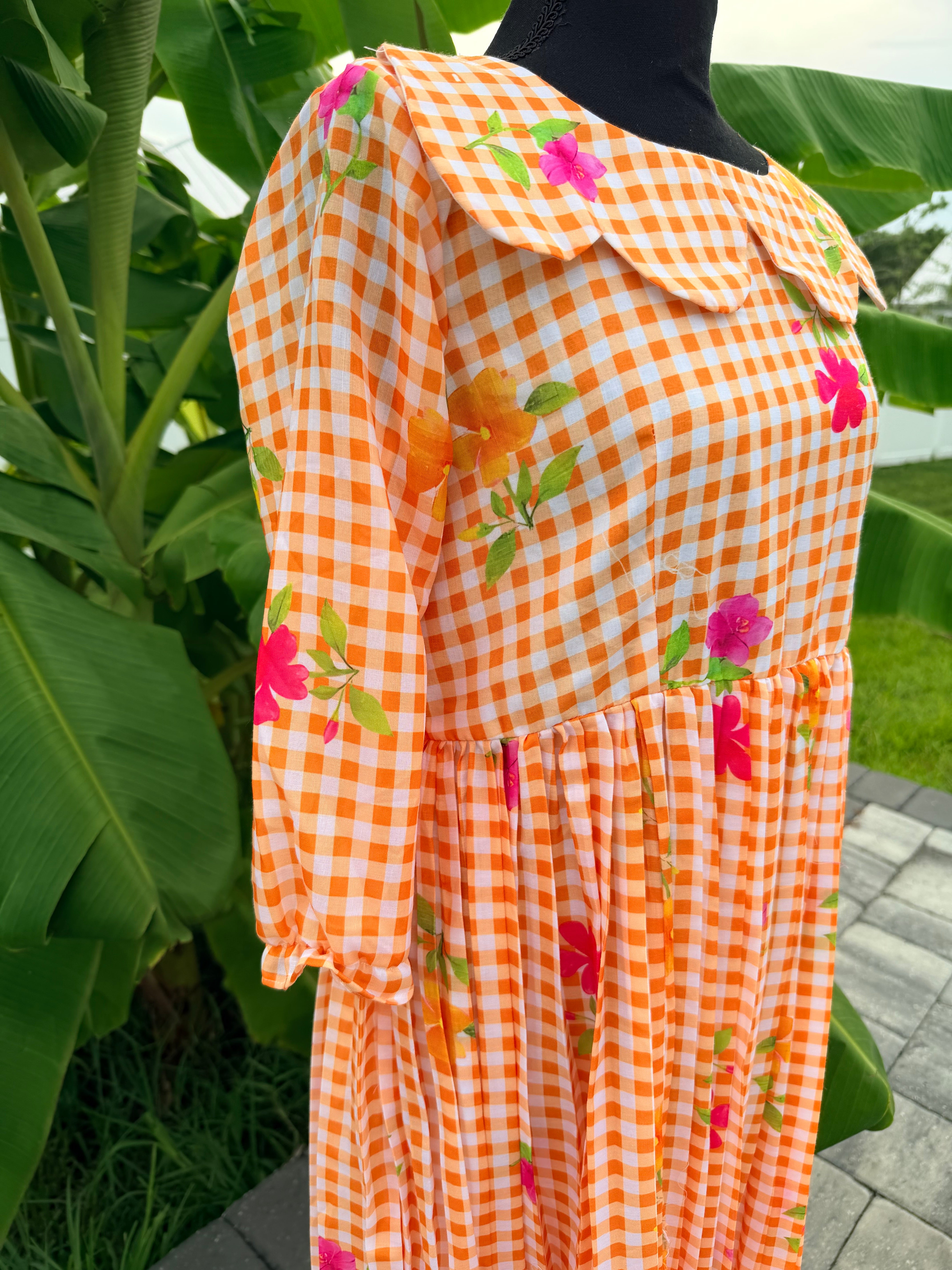 Orange- Gingham checks mul chanderi frock