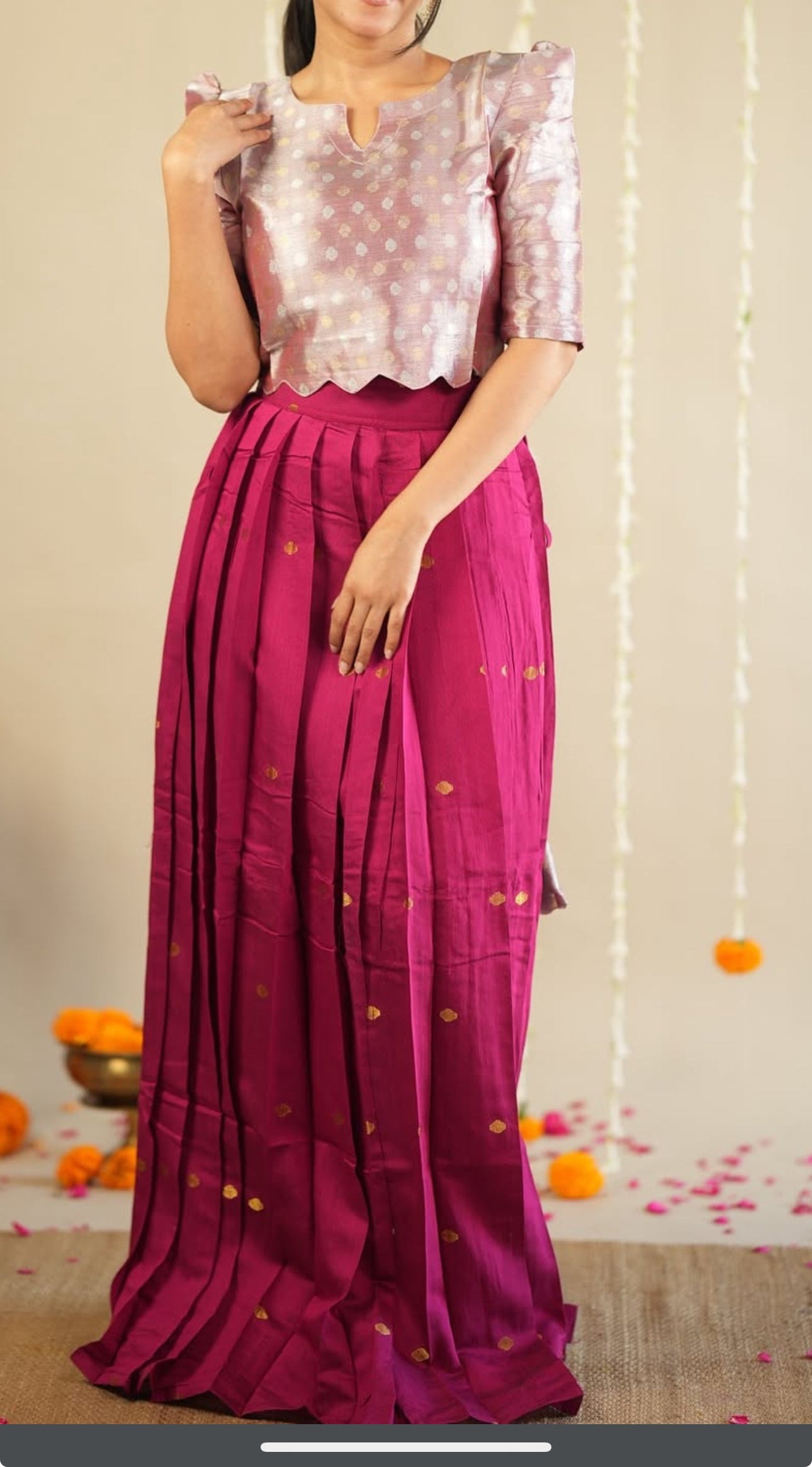 Tissue and raw silk combo crop top set