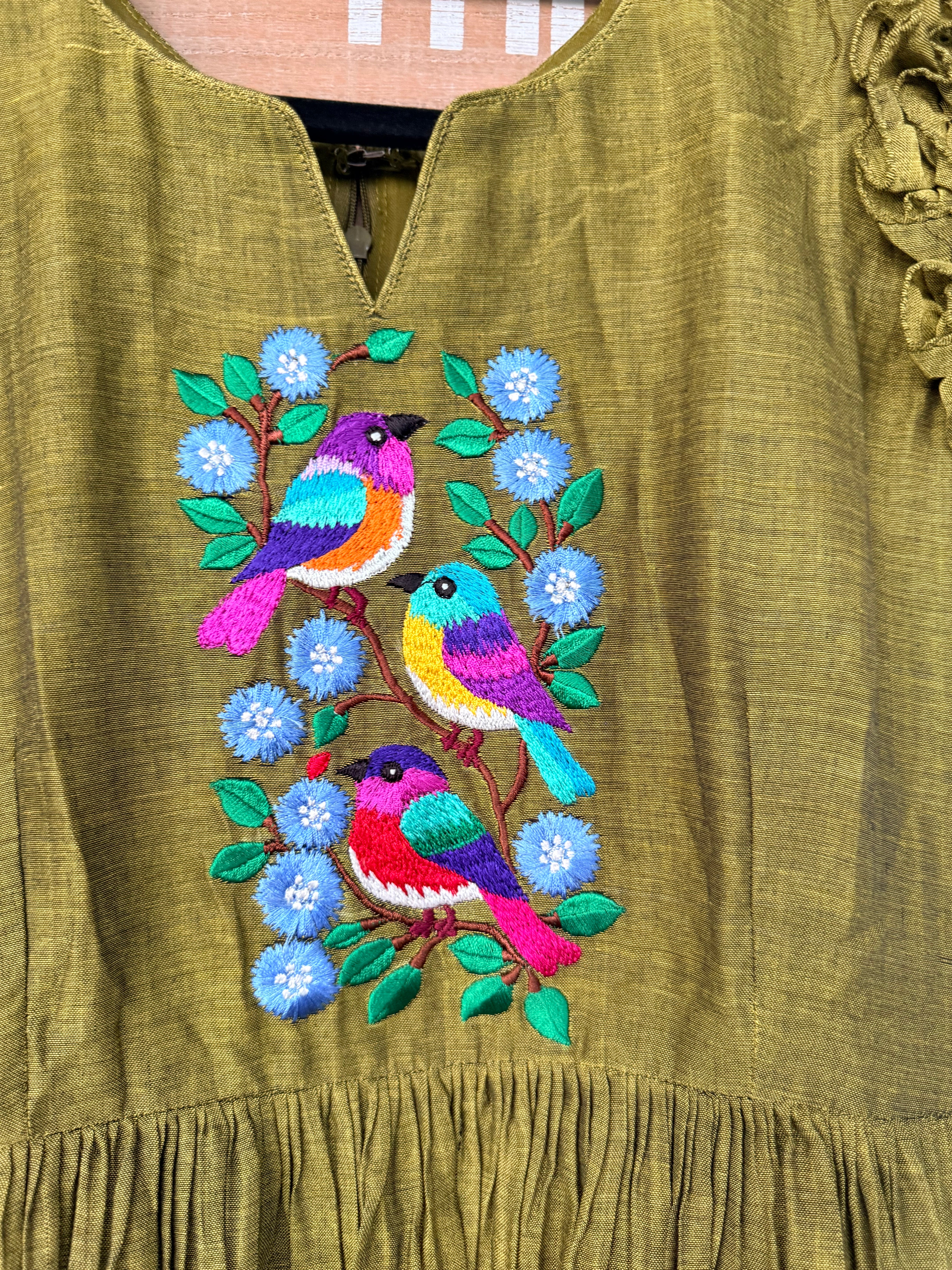 Olive green narayanpet frock with thread work
