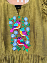 Olive green narayanpet frock with thread work