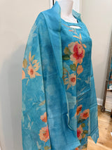 Blue semi tussar 3 pc kurti set with gold leggings