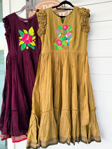 Wine color narayanpet frock with floral thread work