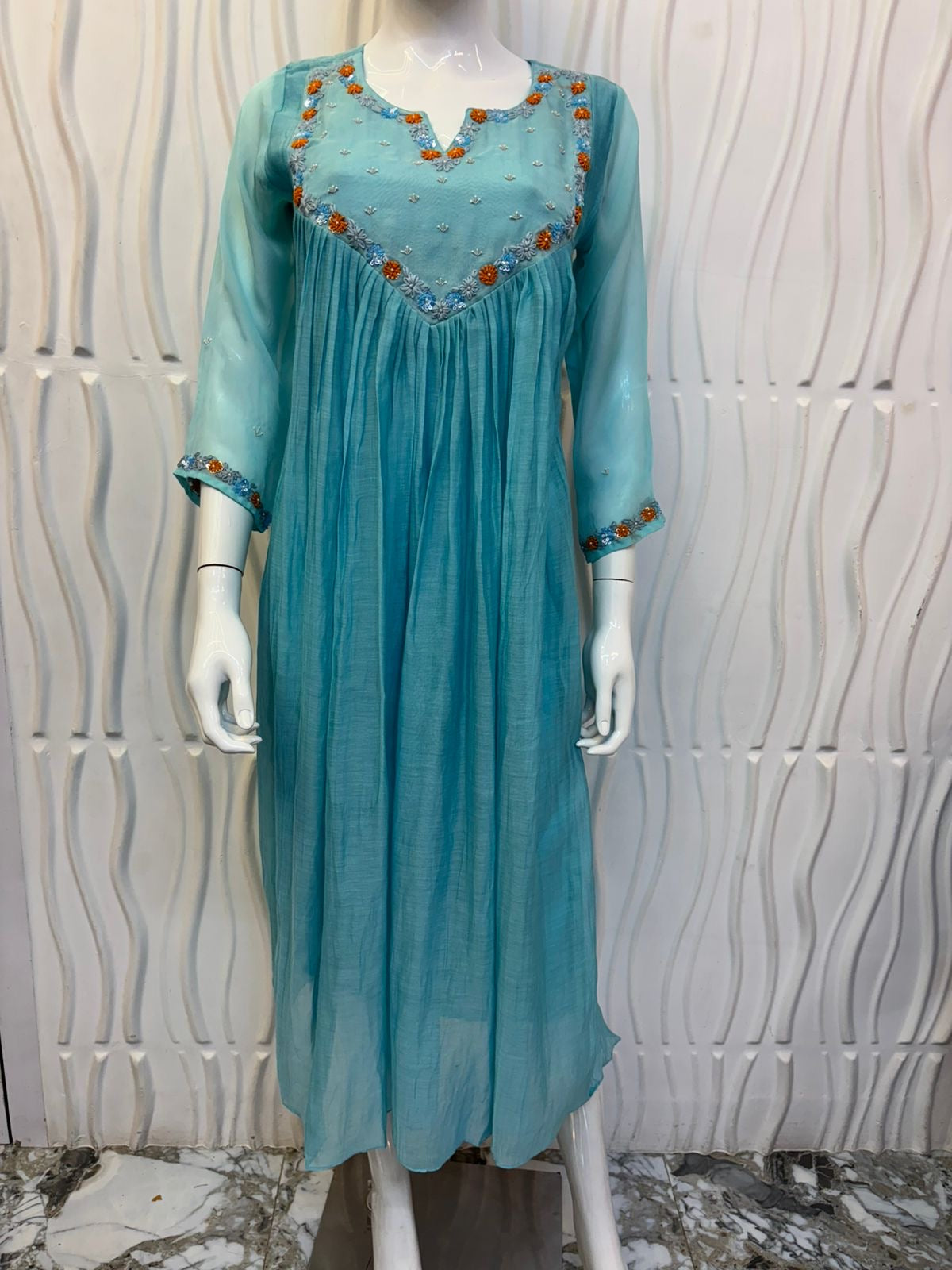 Sky blue mul chanderi frock