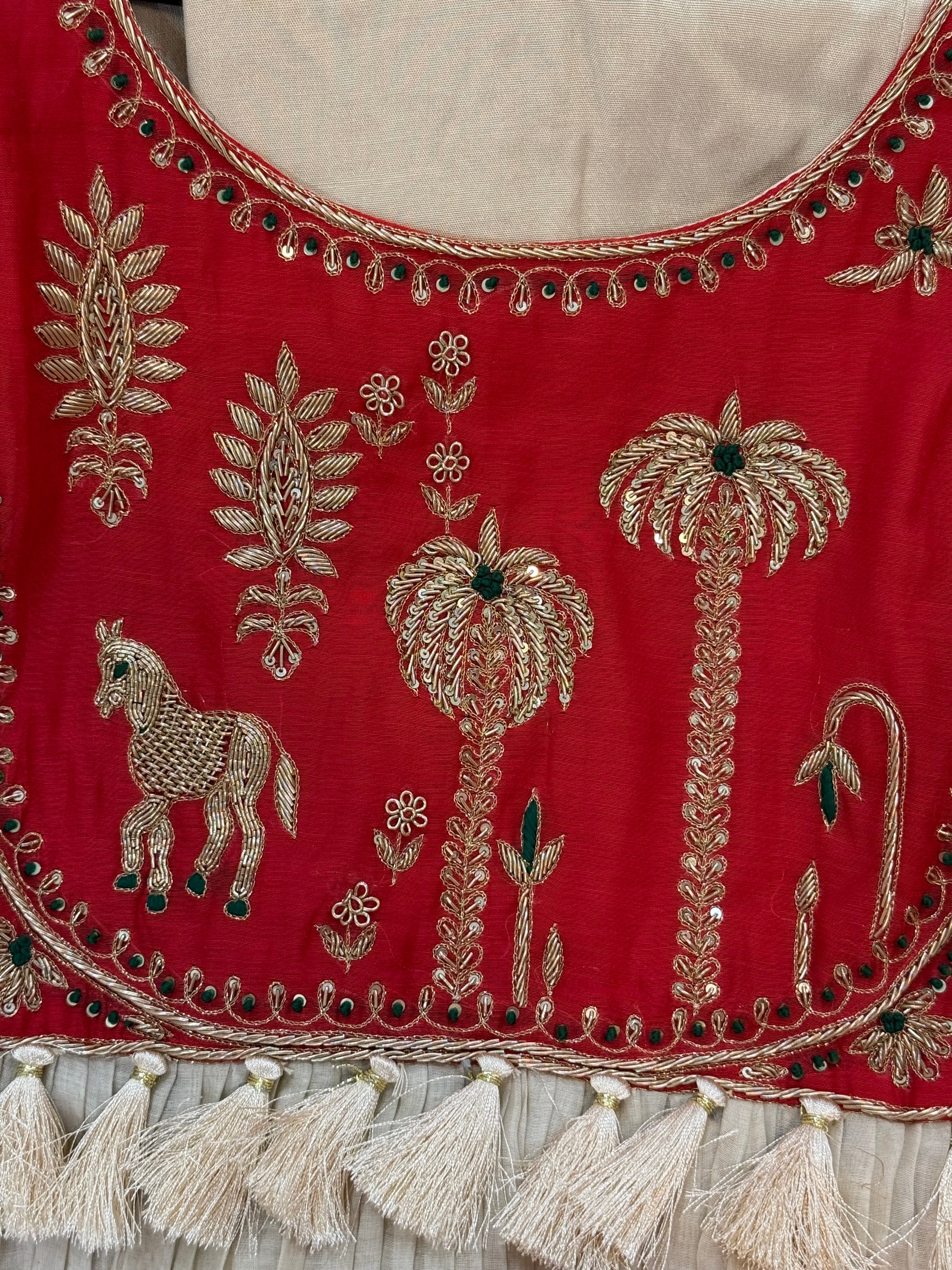 Red and beige Mul Chanderi set