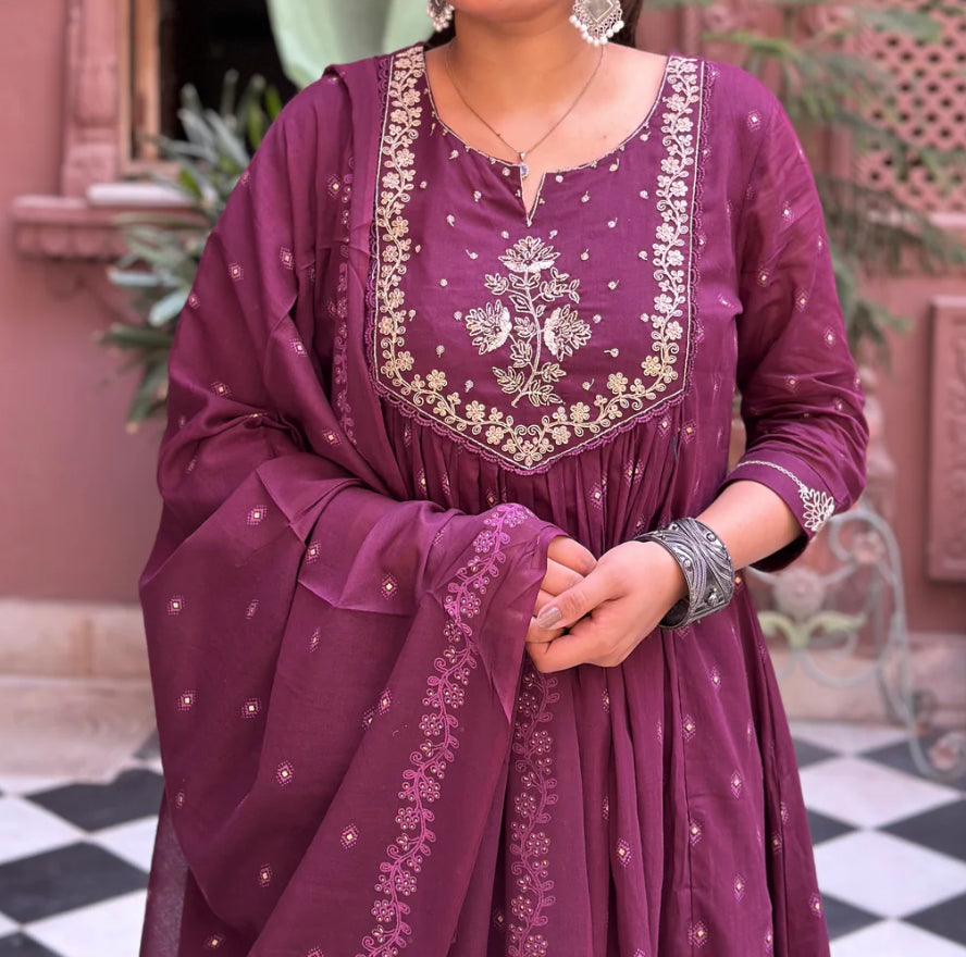 Wine color mul cotton kurti set
