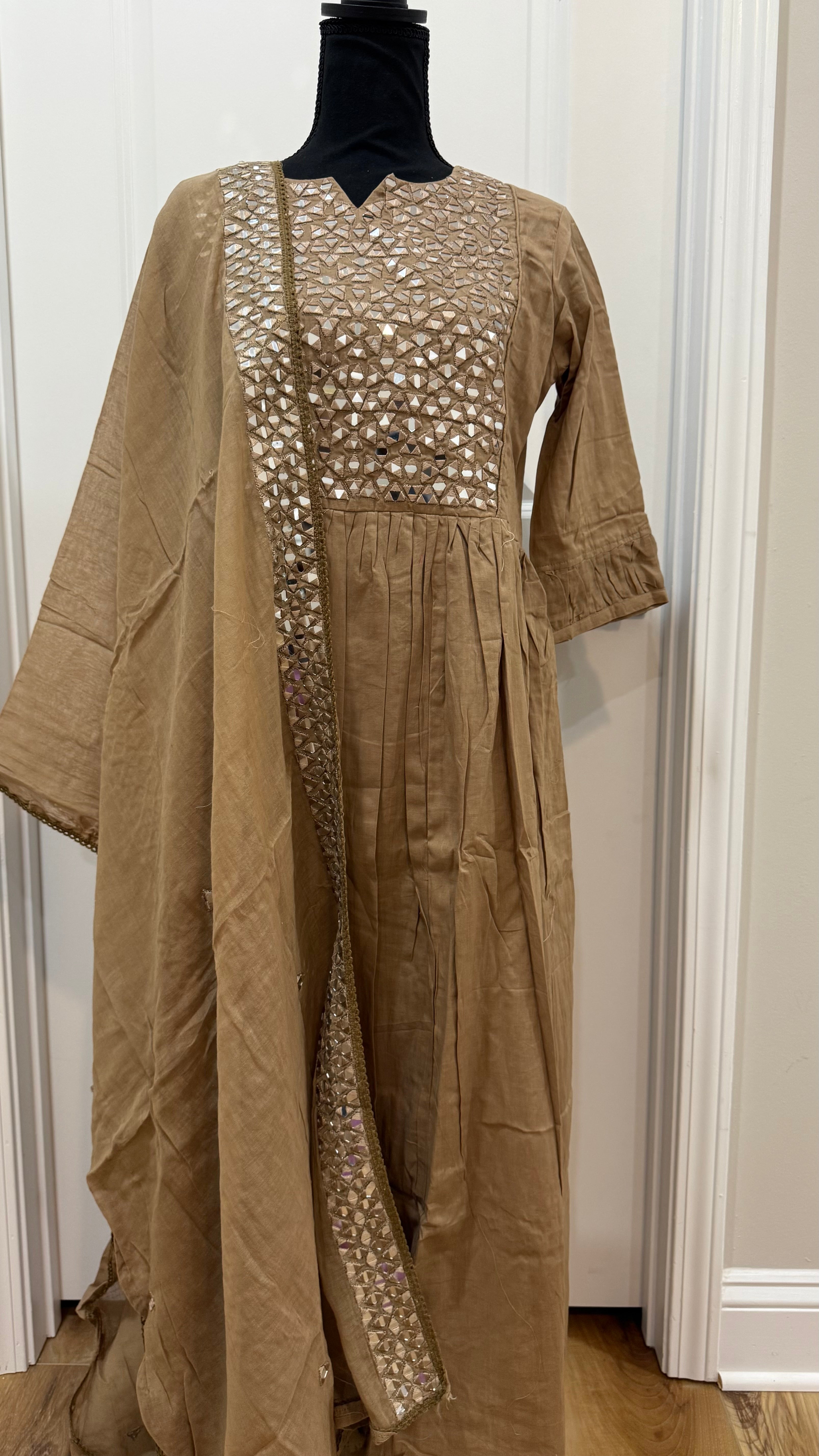 Brown mul cotton set with real mirror work