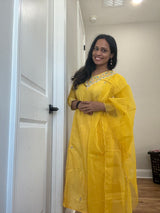 M size - Yellow dola silk kurti set with work on yoke