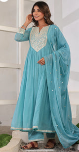 Sky blue color mul cotton kurti set with mirror work on yoke part