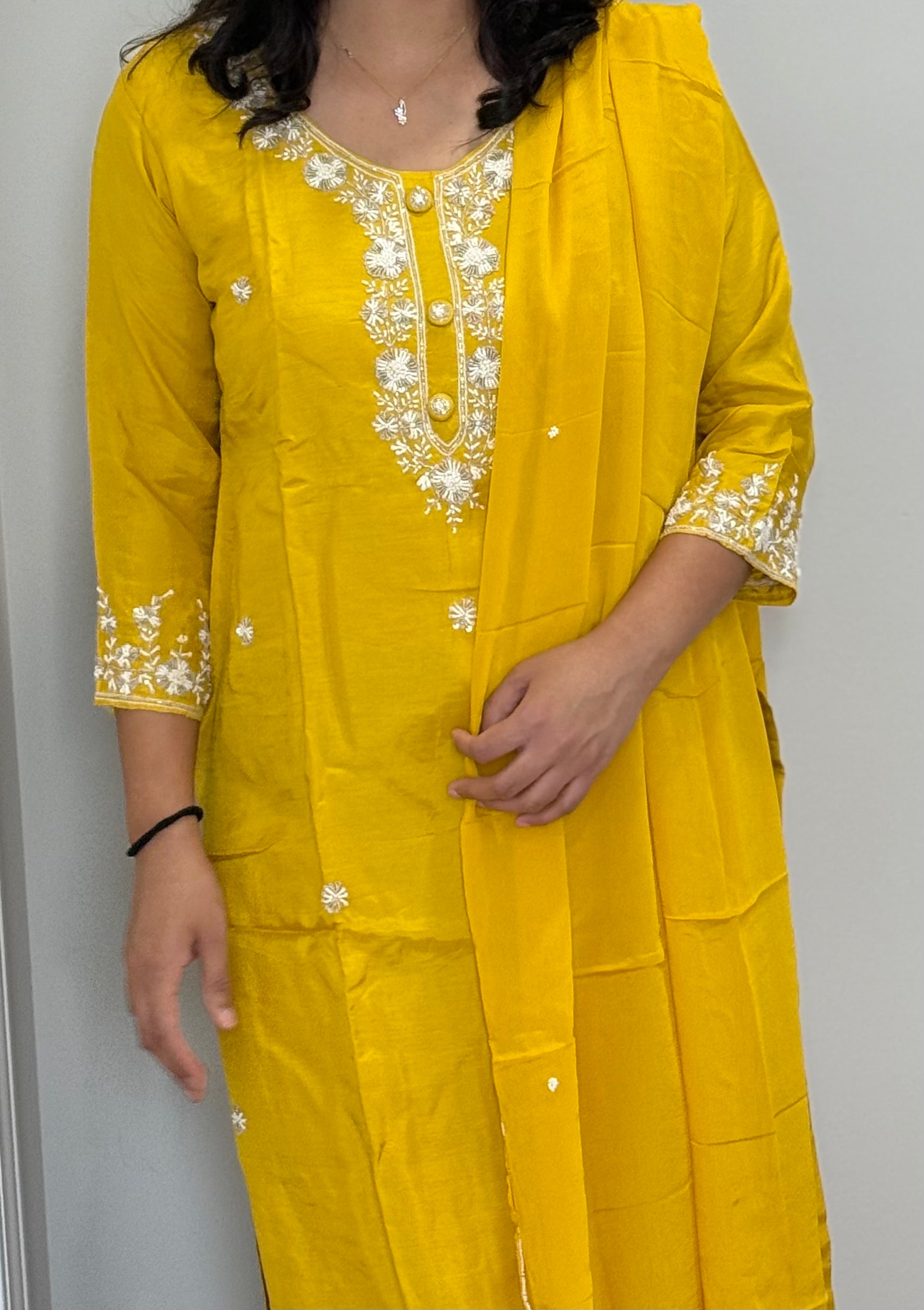 Mango yellow dola silk kurti set with pearl work