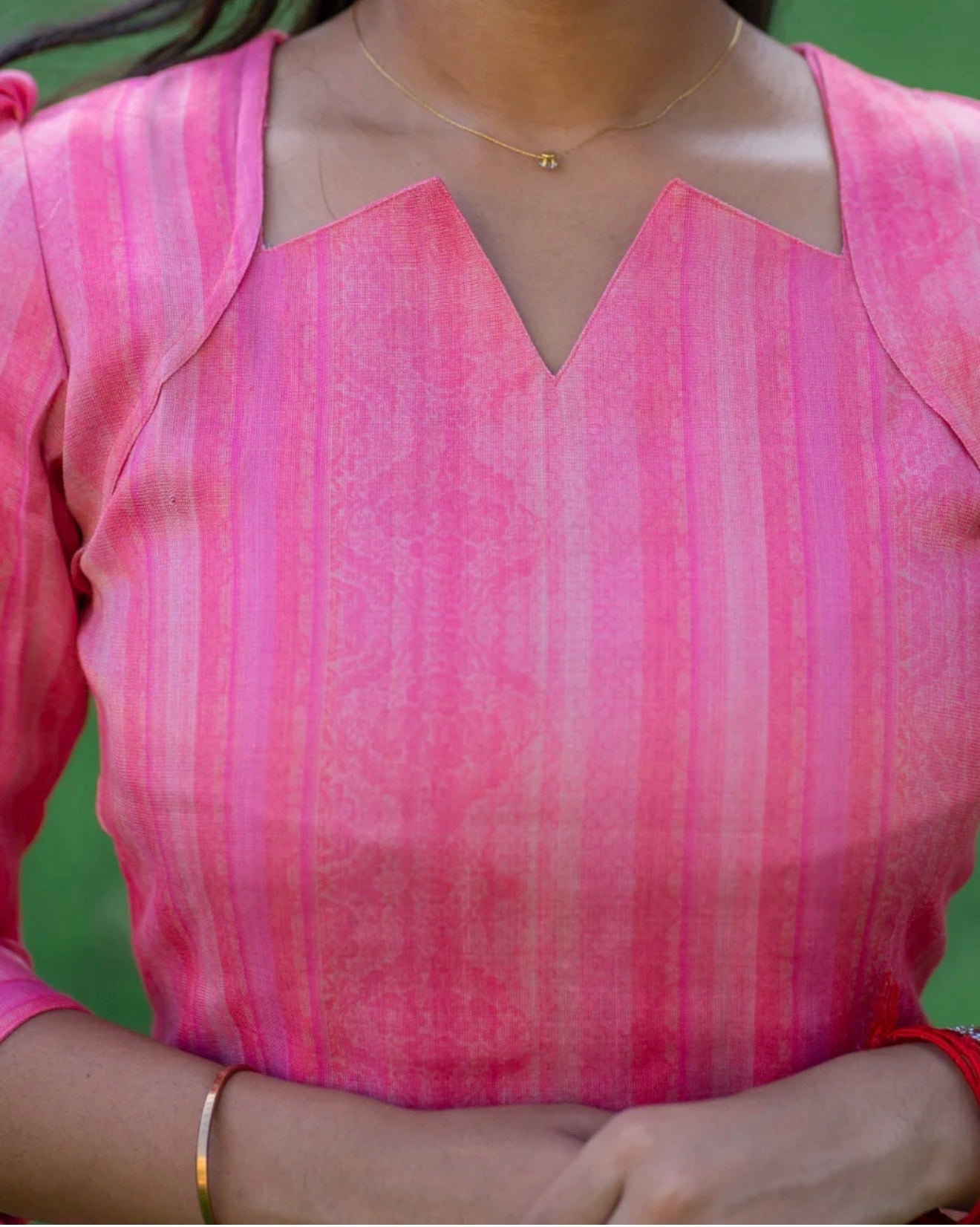 Peach tussar silk 3 piece kurti set with gold leggings