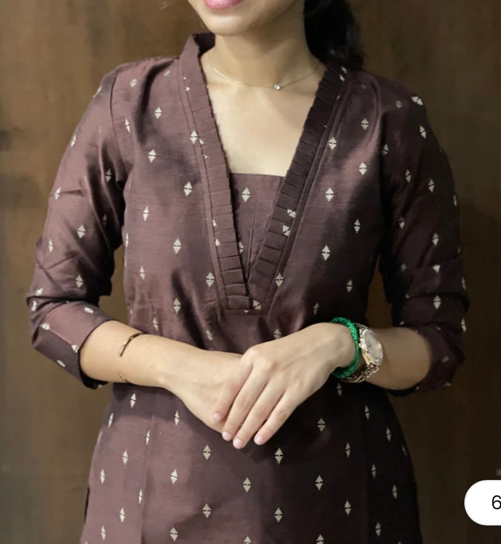 Brown raw silk 3 piece kurti set