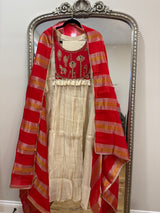 Red and beige Mul Chanderi set