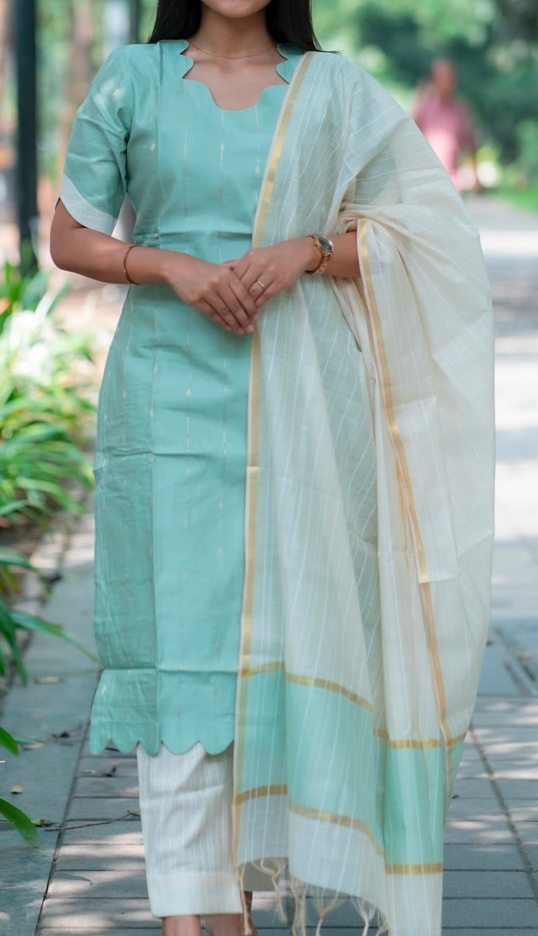 Torqoise green cotton silk 3 piece set