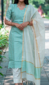 Torqoise green cotton silk 3 piece set
