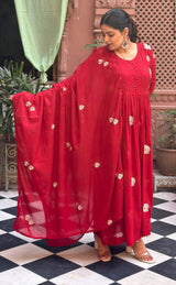Red floral mul cotton kurti set