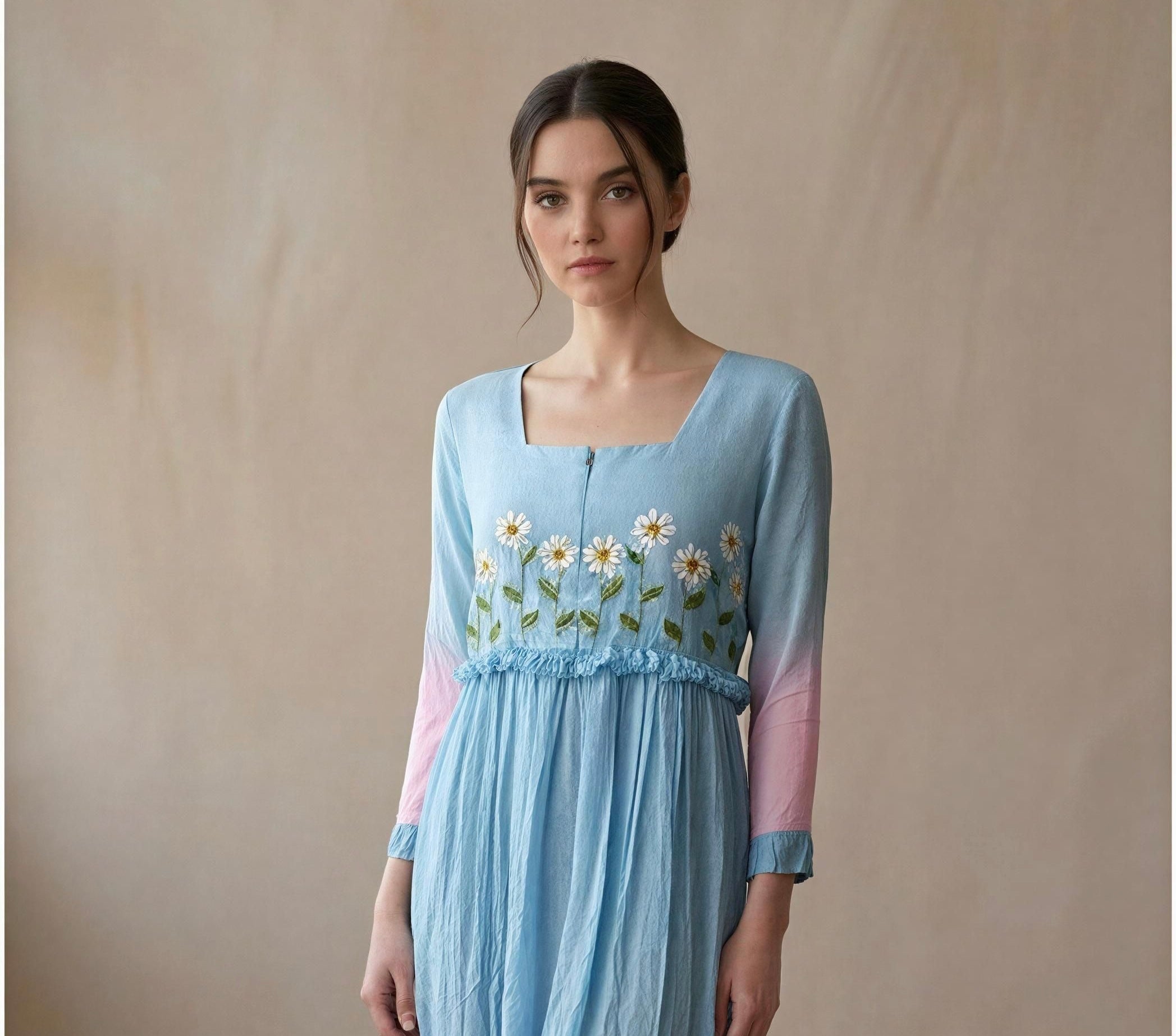 Sky blue and pink floral chinnon dress