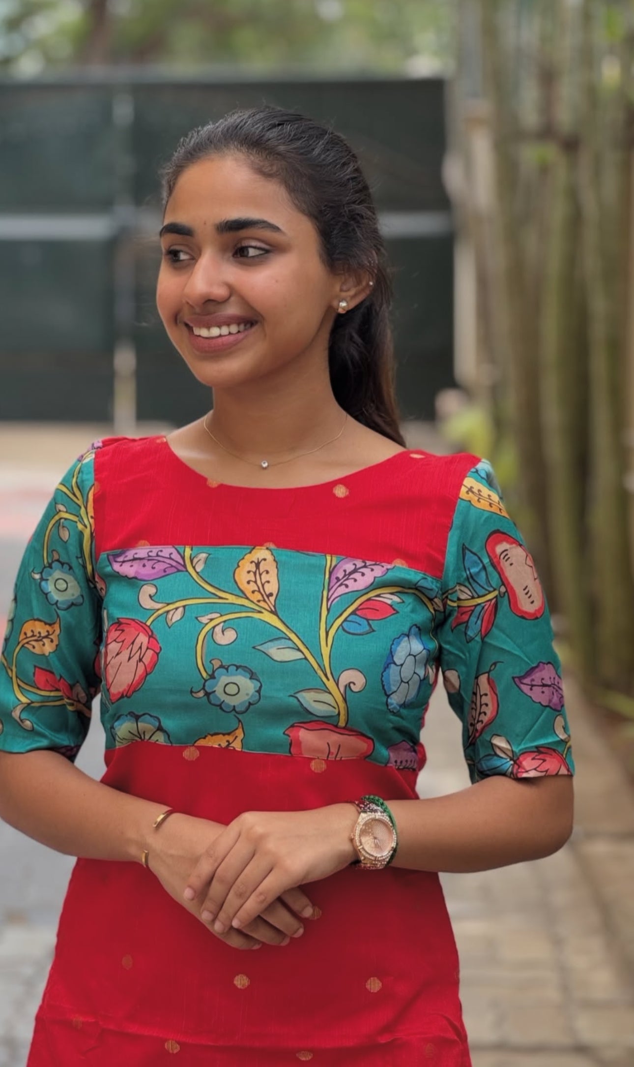 Raw silk and kalamkari fusion kurti top only