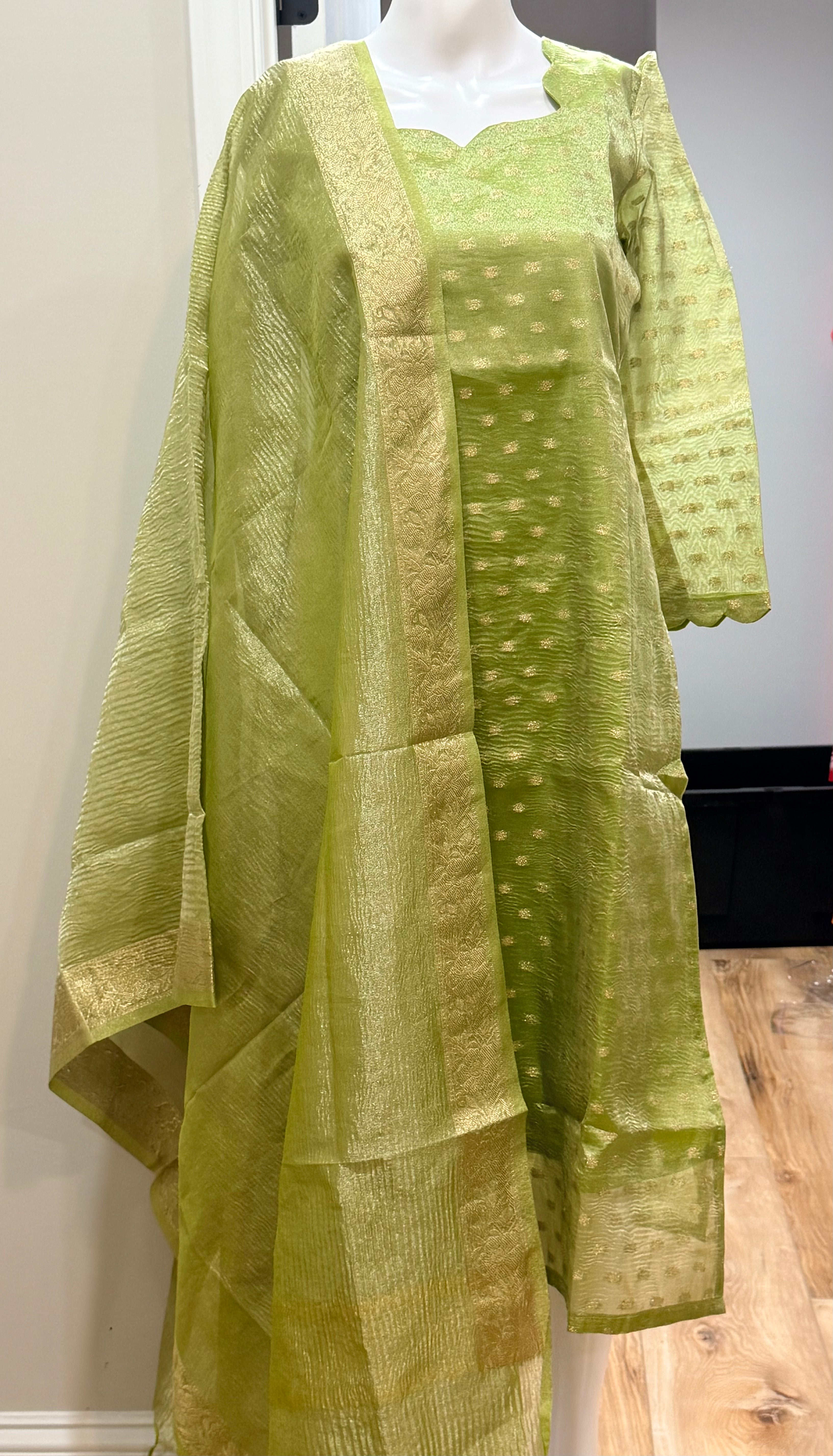 Pista Green tissue silk 3 pc kurti set paired with gold leggings