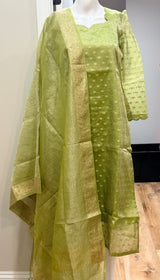Pista Green tissue silk 3 pc kurti set paired with gold leggings