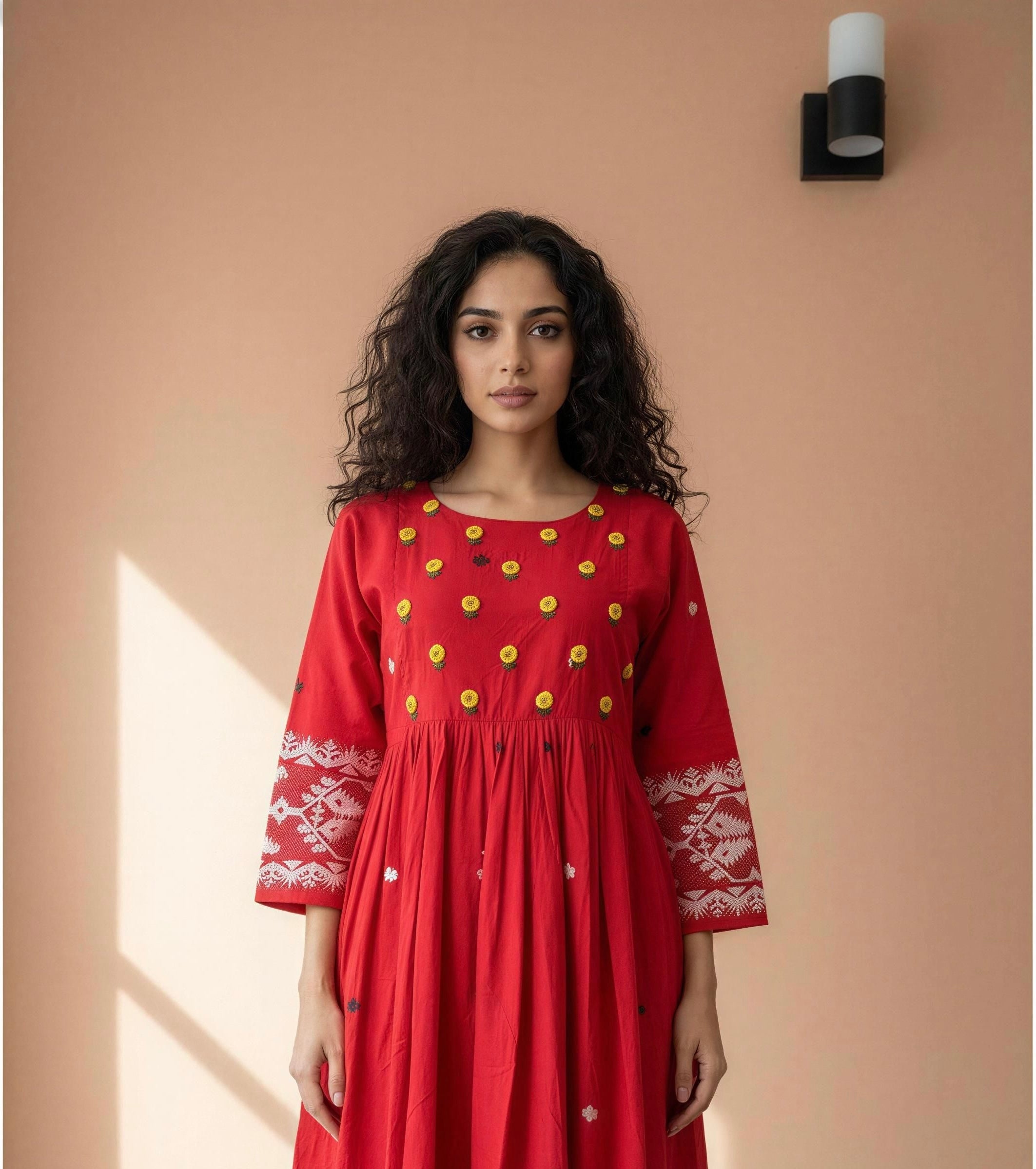 Red handloom jamdani cotton dress