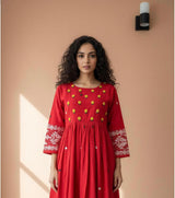Red handloom jamdani cotton dress
