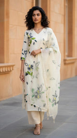 Handpainted Mul Chanderi 3 piece set