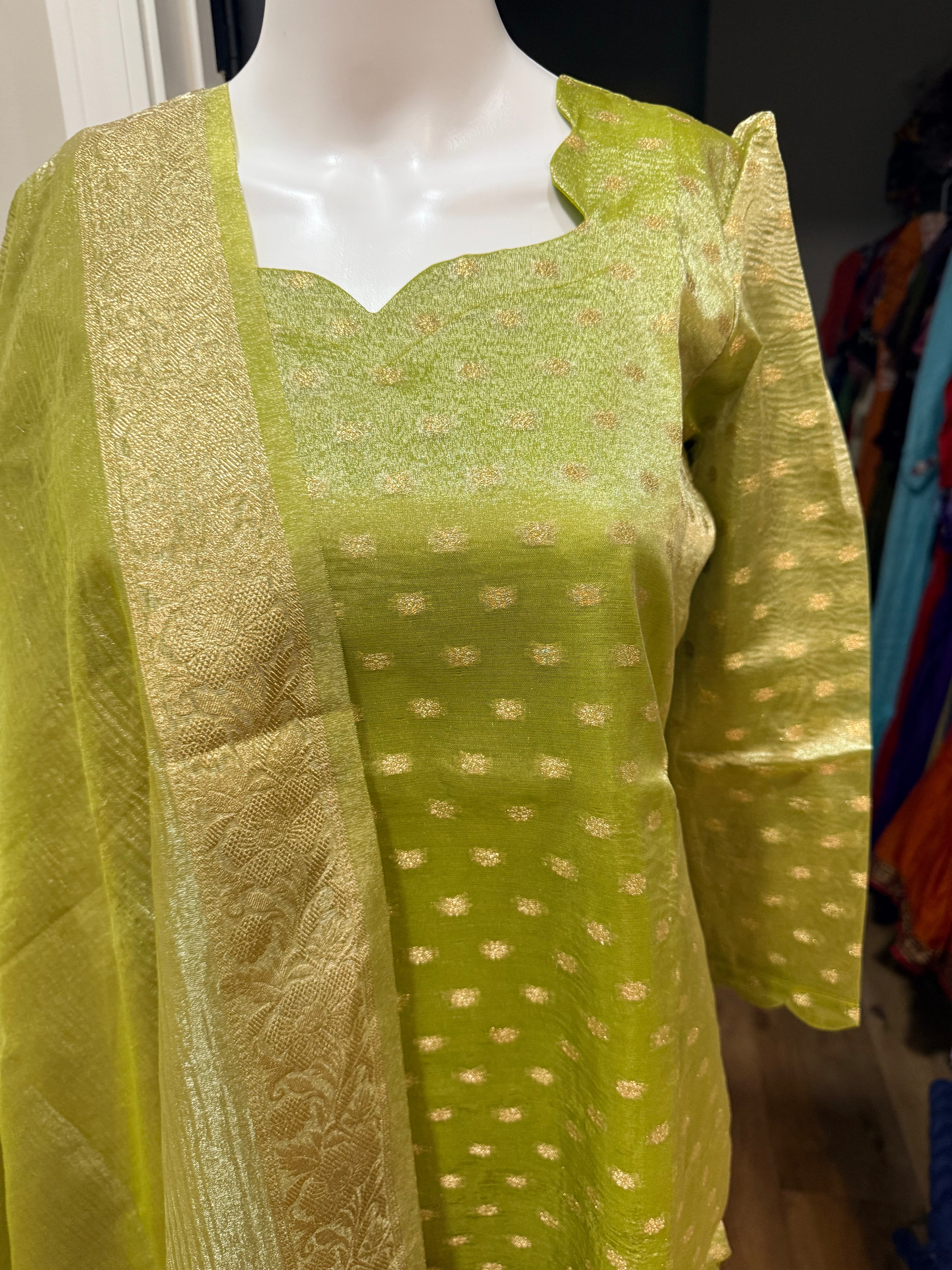 Pista Green tissue silk 3 pc kurti set paired with gold leggings