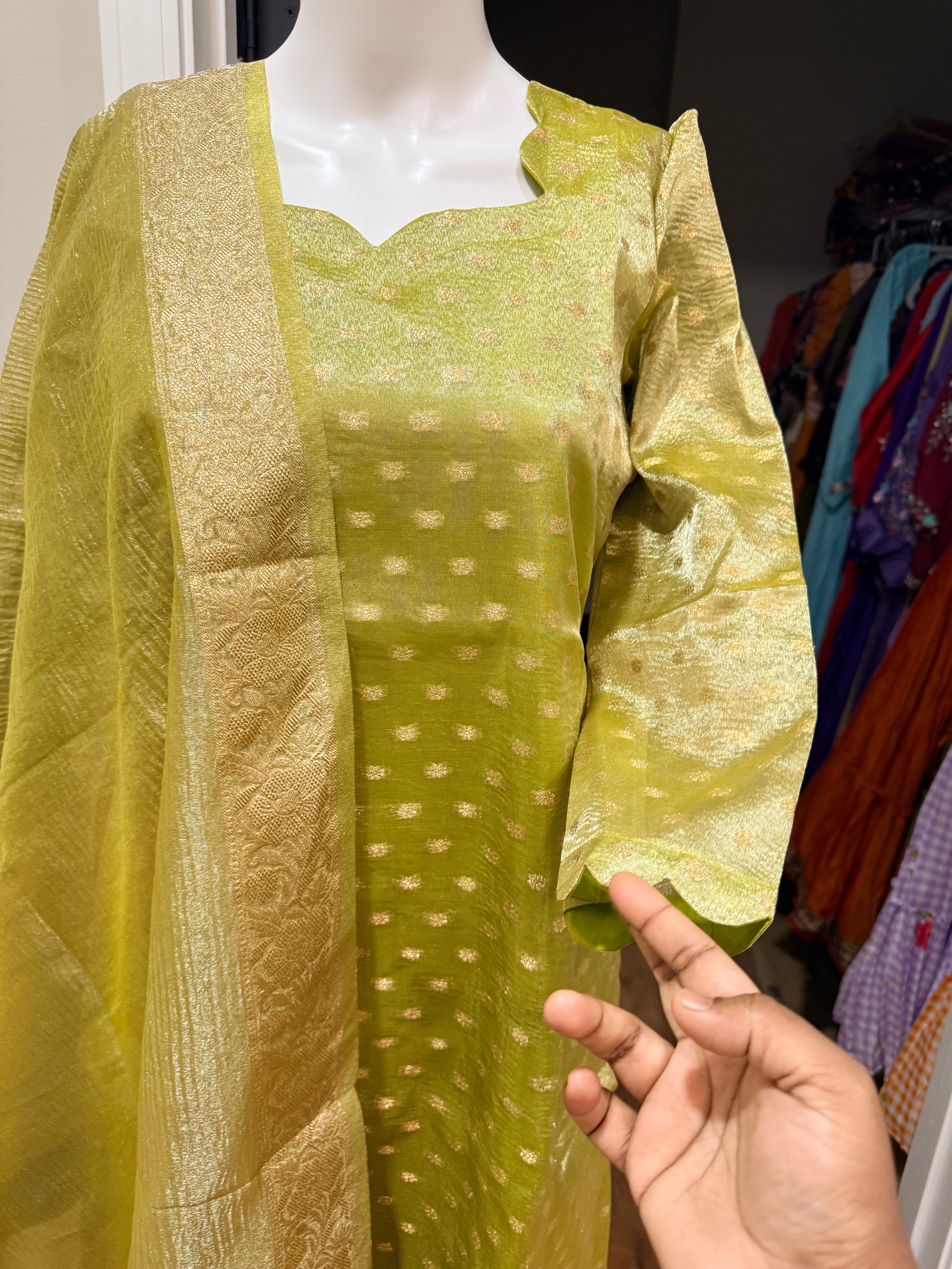 Pista Green tissue silk 3 pc kurti set paired with gold leggings