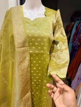 Pista Green tissue silk 3 pc kurti set paired with gold leggings